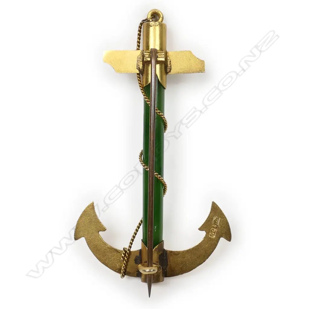 Beaver & Co Dunedin colonial 9ct gold greenstone anchor brooch, Image 1++